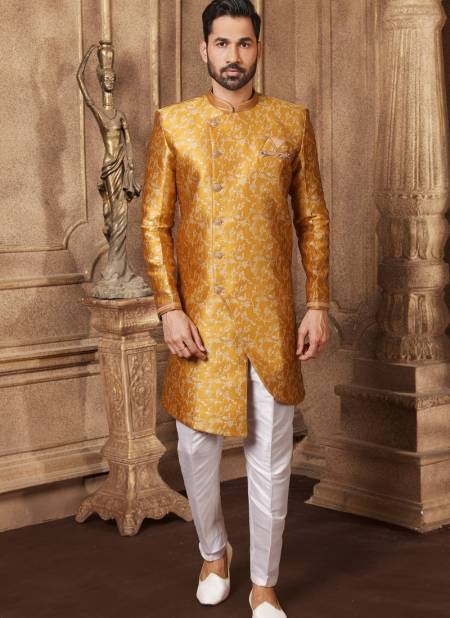 Mustard Colour Jacquard Silk Digital Print Wedding Wear Indo Western Mens Collection 9244